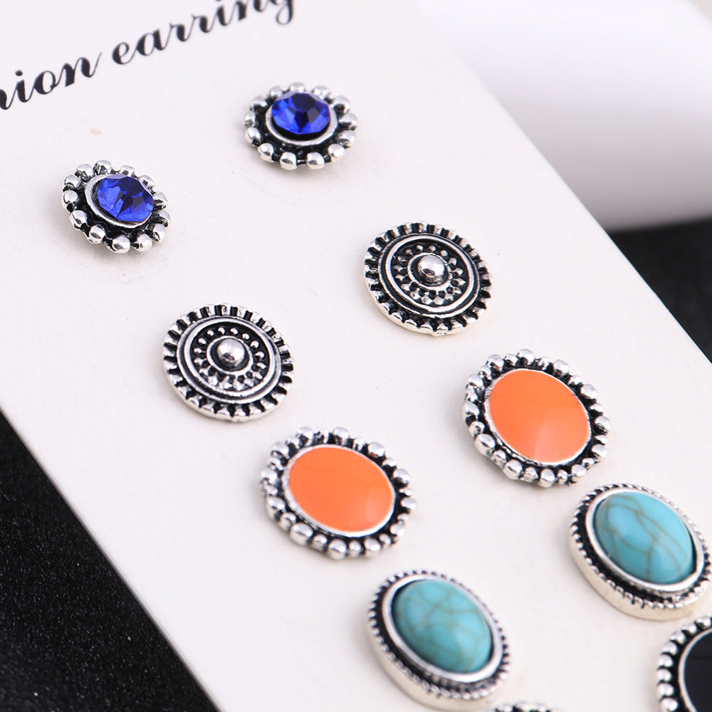 Wholesale Vintage Totem Gemstone Alloy Ear Studs 6 Pairs